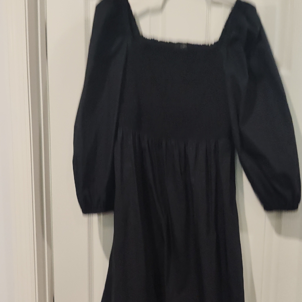 J. Crew Black Smocked Puff Sleeve Dress M 100% Cotton